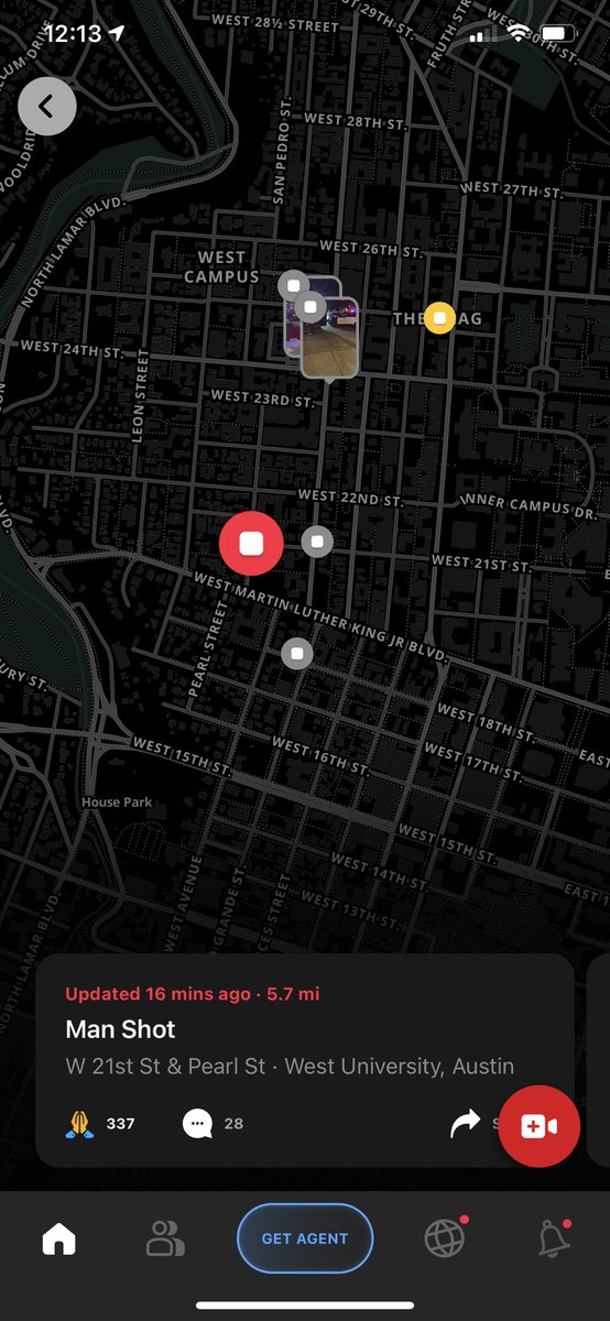BKuenast's tweet photo. Citizen App shows man shot tonight in West Campus. Also 3 shots heard (yellow). My daughter lives right in the midst and has friends who heard shots. @UTAustin @SaveAustinNow https://t.co/3ntEjI9yRA