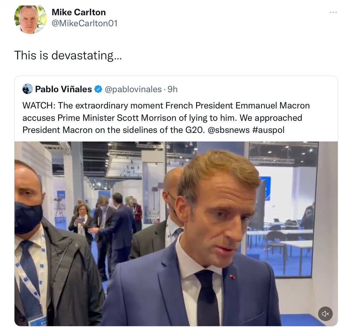 Kate3015's tweet photo. Poor old Mike is devastated. Don’t be like Mike.. because Mike doesn’t grasp that Macron will be facing an election in a few months. The far-right are gaining ground &amp; he may well lose. So Macron has joined the global #WokeMeToo let’s beat up on Australia movement. 
#ShutUpMike https://t.co/AB3JIGZWyh
