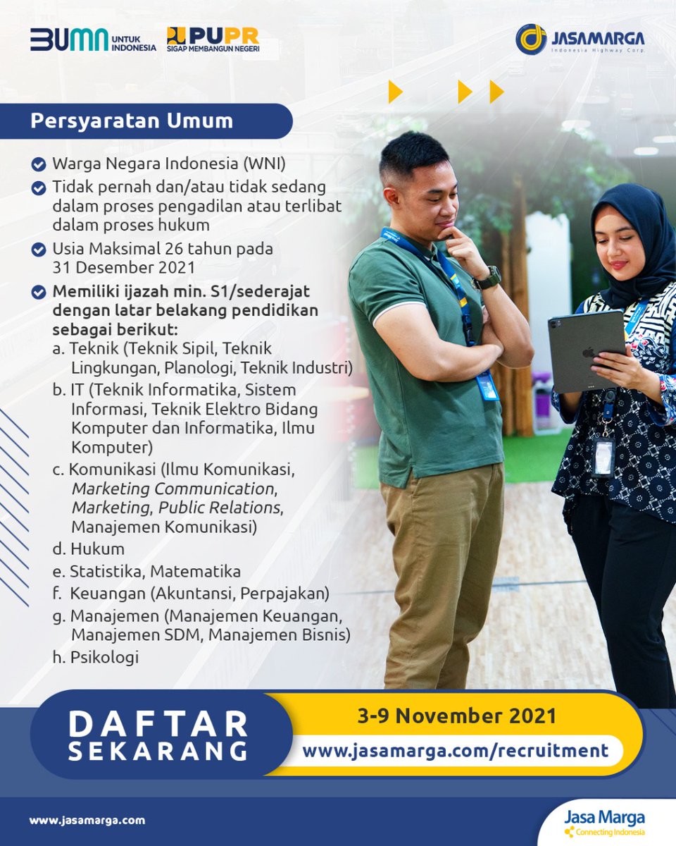 Kawan JM, tandai kalendermu sekarang karena pendaftaran Program Management Trainee Jasa Marga, Jet Roadster 2021, akan dibuka pada Rabu, 3 November 2021.

Program Jet Roadster 2021 didesain untuk talenta muda terbaik yang ingin belajar, bertumbuh dan berkontribusi untuk Indonesia