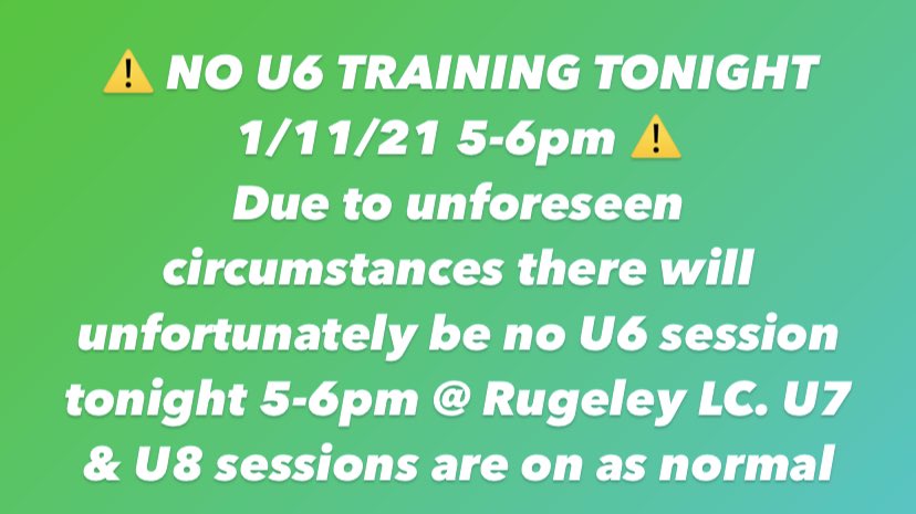 A66Football's tweet photo. ⚠️ NO U6 TRAINING TONIGHT 1/11/21 5-6pm ⚠️
Due to unforeseen circumstances there will unfortunately be no U6 session tonight 5-6pm @ Rugeley LC. U7 &amp; U8 sessions are on as normal https://t.co/pFY2EVFuzc