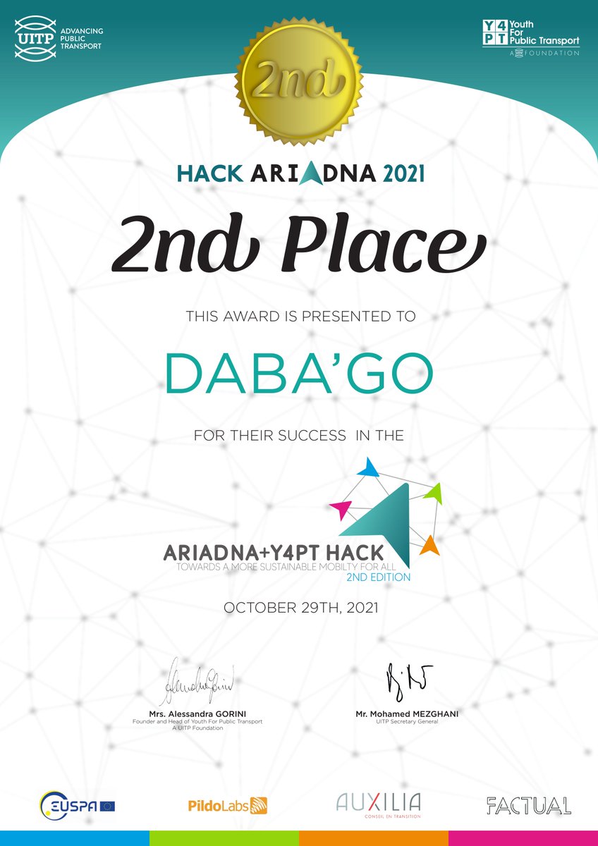 Y4PT's tweet photo. ๐ฅ Joint #HackAriadna 2021 2nd Prize Winners ๐ฒ๐ฆ DABAโGO
Multimodal transport platform for developing countries.
Amine Kili, Jรฉrรฉmie Perales, Alexandre Clavaud.
๐ซ๐ท France, ๐ฒ๐ฆ Morocco
@ProjectAriadna @AuxiliaConseil @GoFactual @PildoLabs @UITPnews #Y4PThackathon https://t.co/EiqWn0jGmy