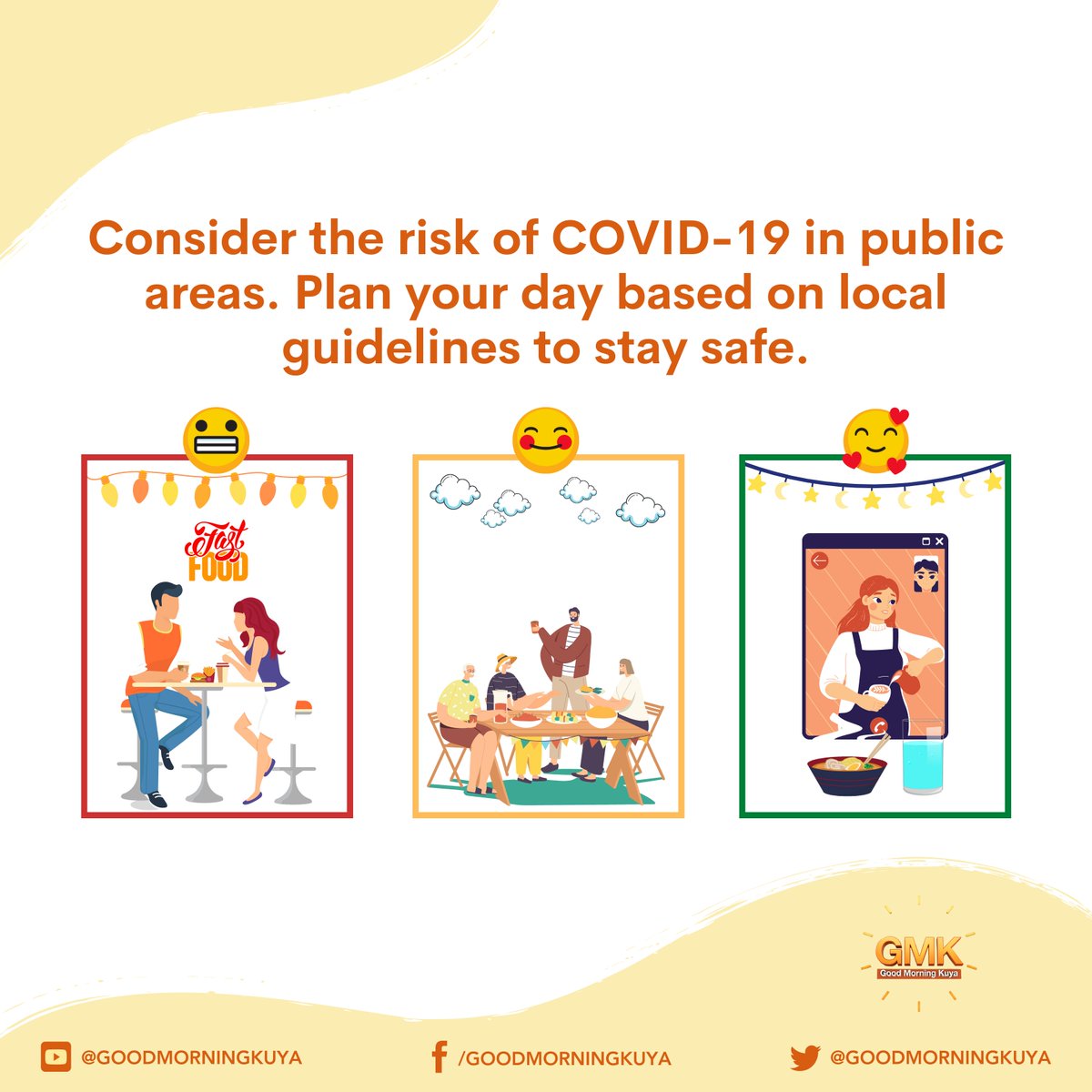 GoodMorningKuya's tweet photo. Have plans to gather in public spaces? Keep yourself &amp; others safe from #COVID19:

✅ Choose a spot where you can stay at least 1 meter away from others
✅ Find good ventilation (e.g. open windows) or sit outside
✅ Wear masks

Source: WHO Philippines https://t.co/qXPNrxOjAP