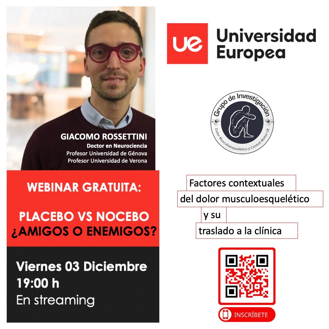 terapiamanualUE's tweet photo. ⭕️WEBINAR⭕️

GIACOMO ROSSETTINI, Doctor en Neurociencia, nos hablará en un interesante webinar sobre: PLACEBO &amp; NOCEBO ¿AMIGOS O ENEMIGOS?

📢Viernes 3 de diciembre a las 19:00h en Streaming

No pierdas la oportunidad de seguir aprendiendo

👇👇👇

https://t.co/645aouMHhJ https://t.co/sfznVMLxw5