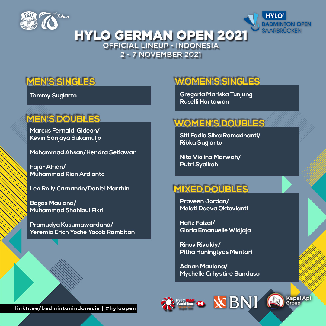 INABadminton's tweet photo. Pekan terakhir tur Eropa, Hylo German Open 2021 Super 500. 2-7 November 2021.

Berikut daftar pemain Indonesia yang akan turun. Semangat! 🔥🔥

#badmintonindonesia #hyloopen #hyloopen2021 https://t.co/ApcLX6zpog