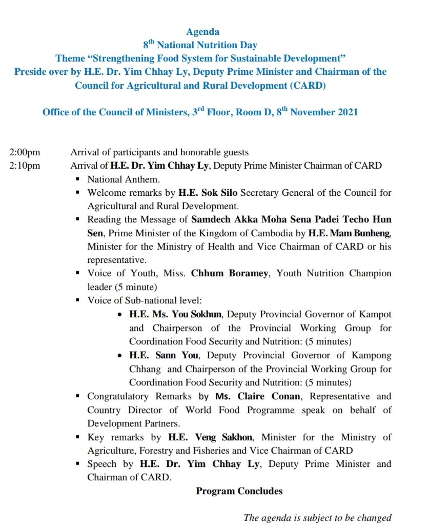 @bormey_chhun will give remarks at this important event, presided over by H.E Deputy Prime Minister. Ministers, provincial governors and development partners representatives will also speak. @andyrooke87 @Irshaddanish @hannahtaaffe @AlNewlands @ARCH_Nutrition @SUNCSN