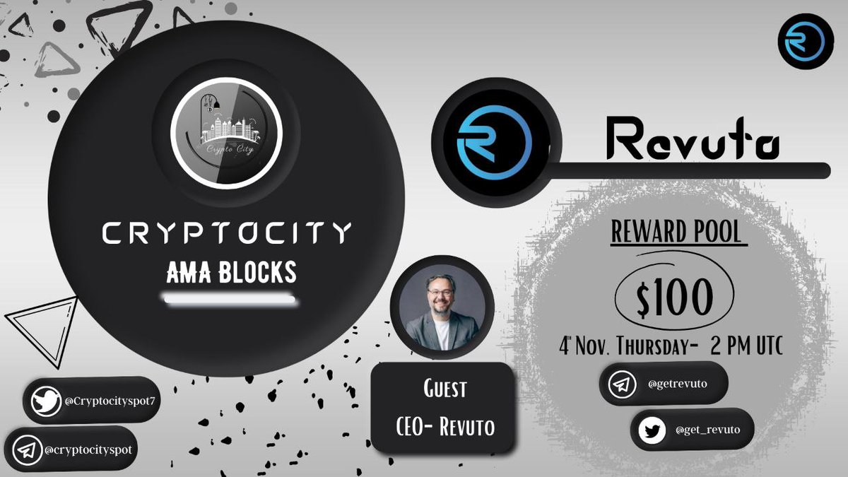Crypto City is going to hold an AMA with <a href="/get_revuto/">Revuto</a> in @Cryptocityspot7 
Telegram community.
Reward: 
$100 
Time: 
November 4th ,2021
2:00PM UTC
 
Follow 
1. @Cryptocityspot7
2. <a href="/get_revuto/">Revuto</a>
Like , retweet &amp; tag 3 friends.