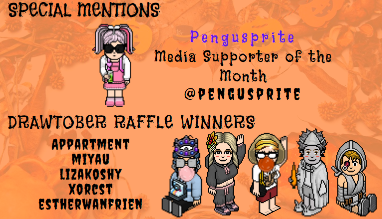 OreliAurelli's tweet photo. Here's the Spooky Media Newsletter for the month of October! And also congratulations to our DRAWTOBER raffle winners!! 🎃🎃 #habboun
(Part 1/2) https://t.co/ywOVrqS9tJ