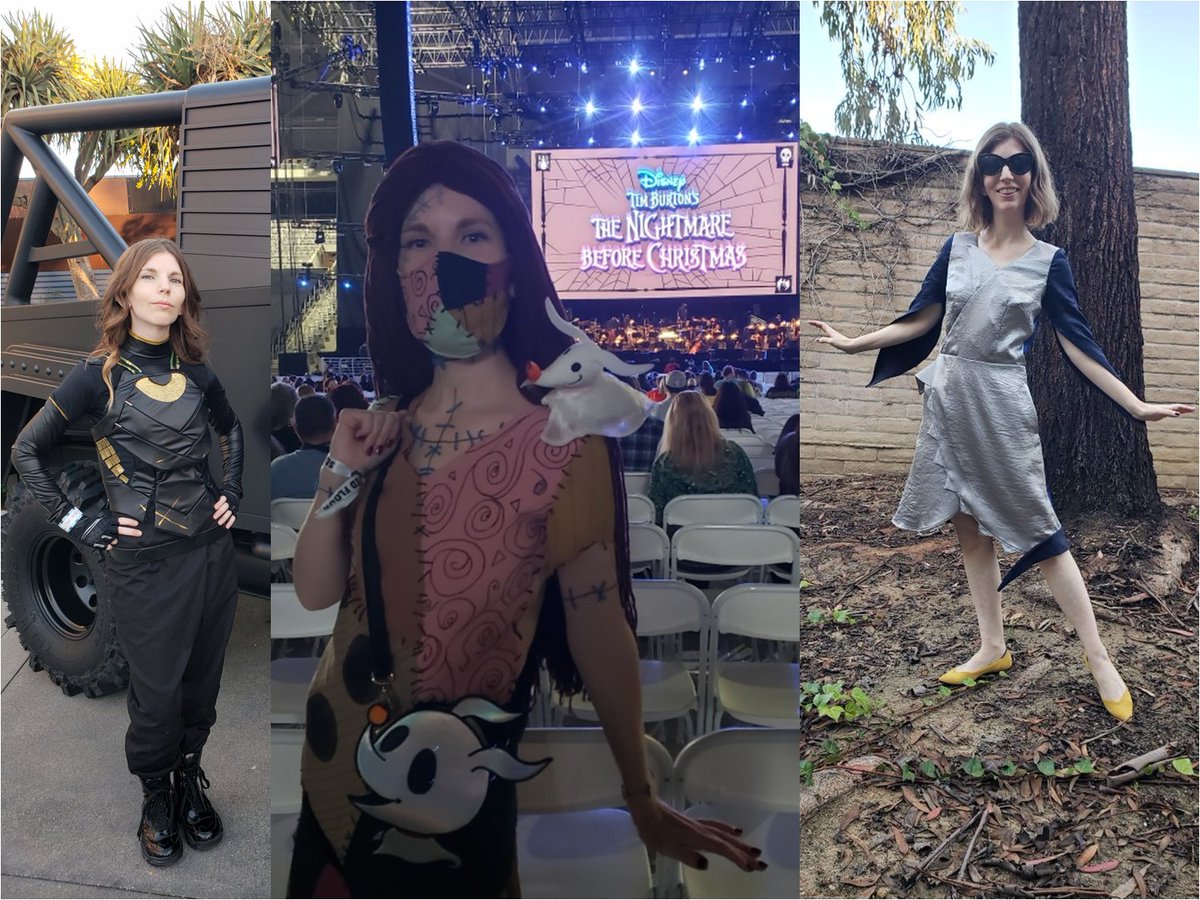 vicious_pixie's tweet photo. A three costume year this Halloween season! First up Sylvie from Loki, worn to the Oogie Boogie Halloween Party. Brought Sally back out for The Nightmare Before Christmas live concert, with a new 2021 appropriate matching face mask. Finally, an albacore tuna. https://t.co/311BZYa4Lt