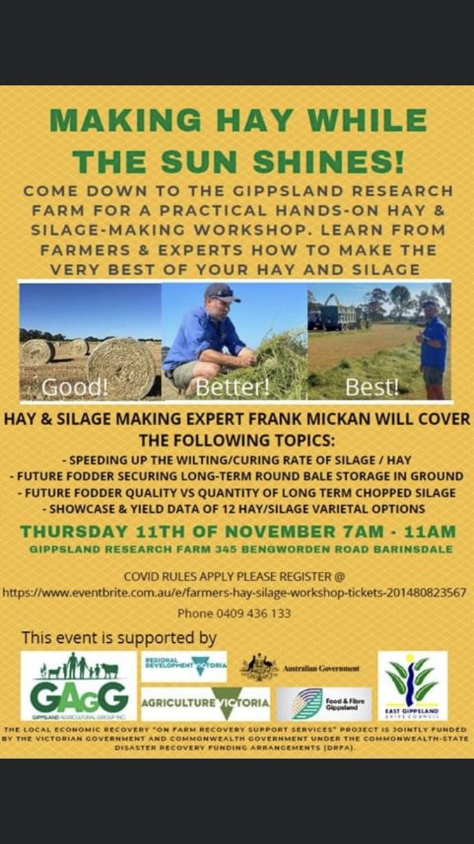 @GippslandInc Come join us at the Gippsland Reseach farm to learn from the best how to make the best.  Book…. eventbrite.com.au/e/farmers-hay-…