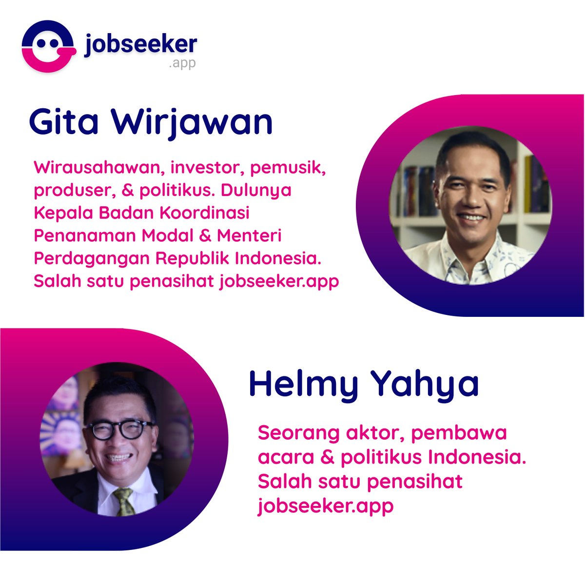 jobseekerapp's tweet image. Halo jobseekers! Sudah kenal belom sama pembicara&quot; webinar kita di tanggal 8 November nanti? Yuk, geser post ini untuk kenalan dikit dengan mereka! Kalau ingin tau lebih banyak lagi, ikut dengarkan mereka ngobrol&quot; di webinar kami aja.
.
#jobseeker #jobseekerdotapp #jobseekerapp