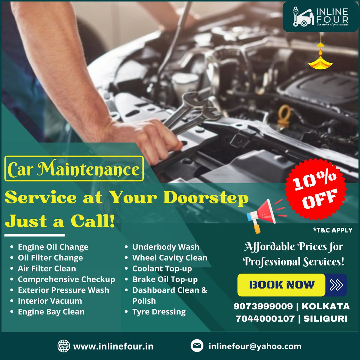 inlinefour_in's tweet photo. Want to protect your ride? This DIWALI Inlinefour is offering car maintenance service at an affordable price with a 10% discount. Hurry!!
More details visit us: https://t.co/SdaHsJlFgR
WhatsApp us: https://t.co/vbyAi6O0FC
.
.
#inlinefour #carserviceinkolkata #cardetailingservices https://t.co/FRsjKRrs0k