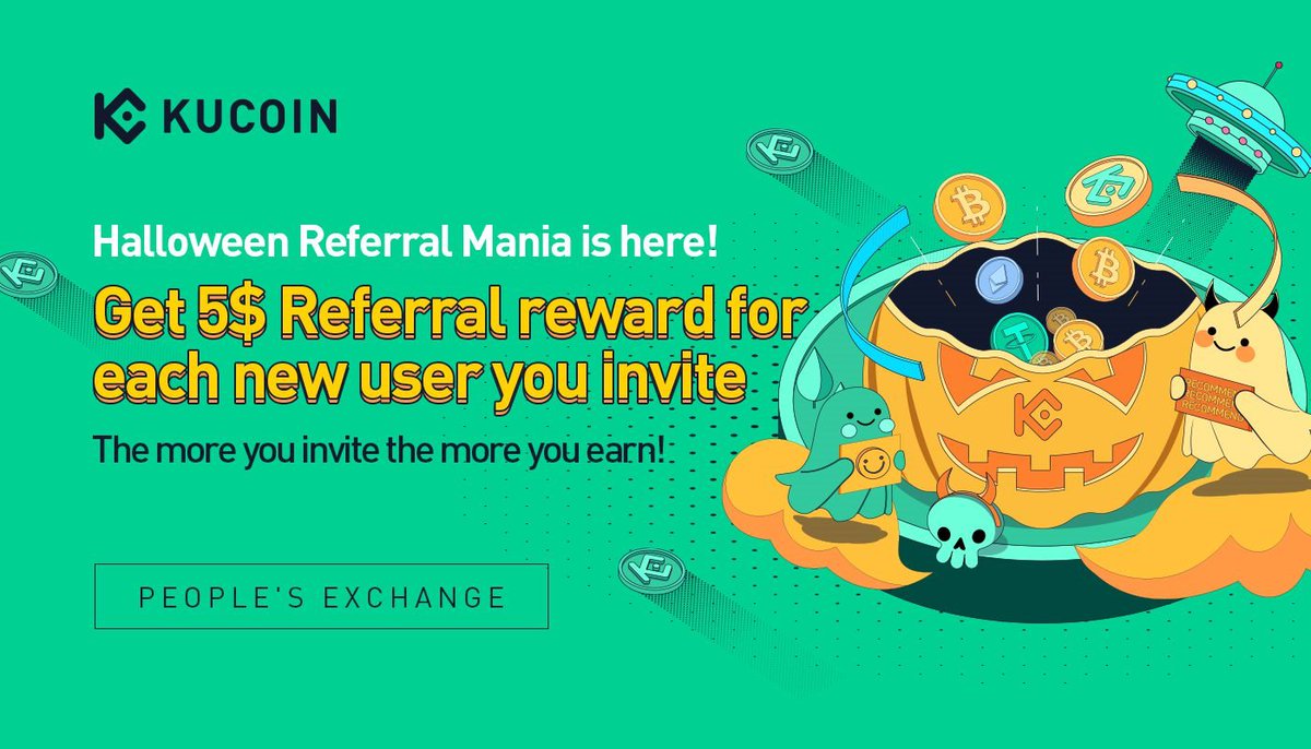 kucoincom's tweet photo. Halloween Referral Mania Is Here! Get 5 $USDT Referral Reward for Every New P2P User You Invite!

➡️https://t.co/VJZRzMoAAS https://t.co/p4mfO4j4Hy