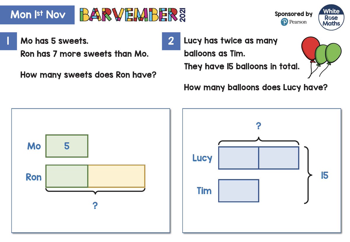 WhiteRoseEd's tweet photo. #Barvember 2021 is live! 🤩

Here are questions 1 and 2, we can't wait to see all your solutions! 🎈

We'll be giving away our Bar Modelling sets, cuddly Tiny toys, plus bonus prizes from this week's sponsor, @PearsonPrimary!

🔗 https://t.co/gaPdRPGP3F https://t.co/GfjS4ac5ZA