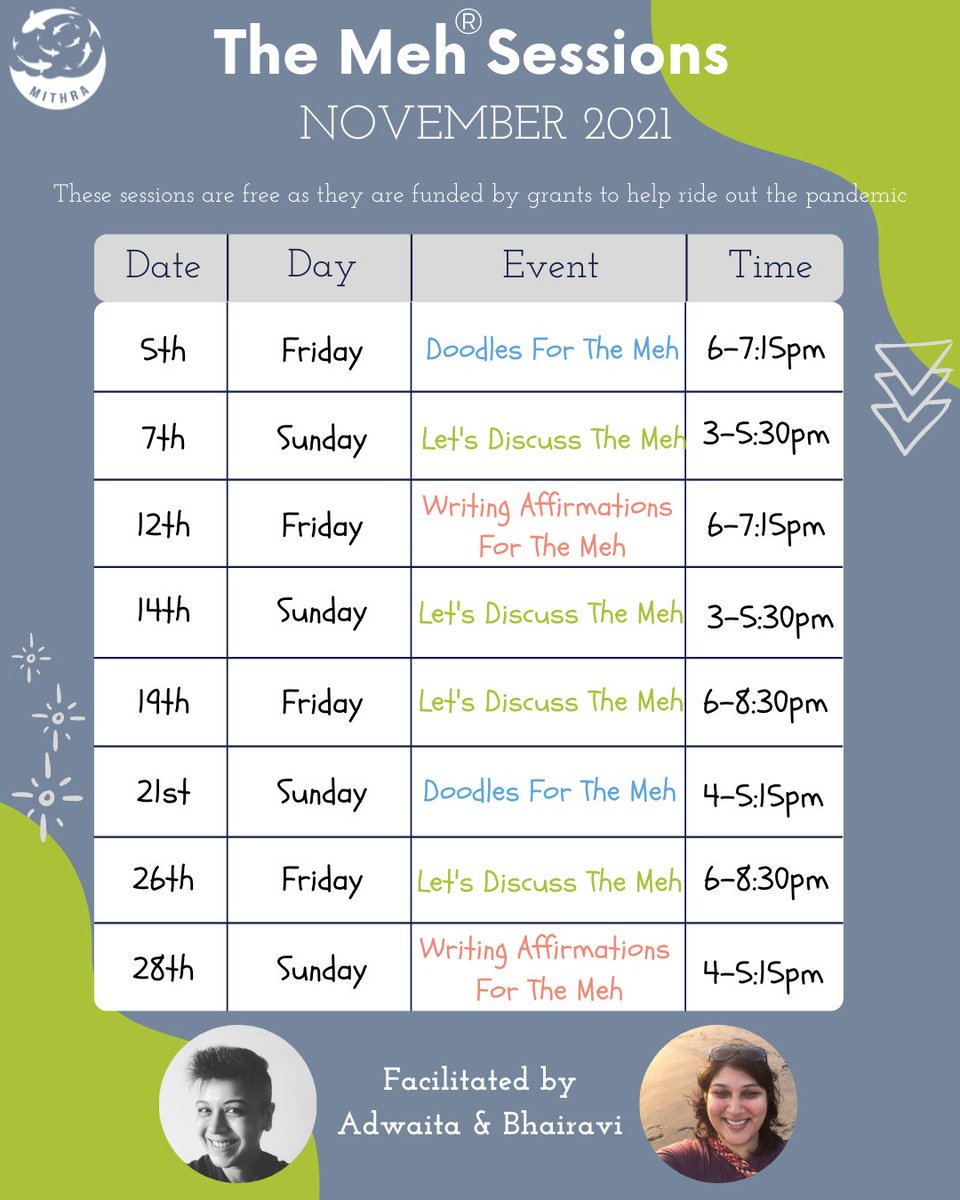 MithraTrust's tweet photo. Here is the schedule for November with @adwaita_one and Bhairavi. You can sign up for :
Let's Discuss The Meh https://t.co/ALhs1ECJ5B 
Doodles For The Meh https://t.co/brEuyrnozl
Writing For The Meh https://t.co/LlgvXsjsuD
#mentalhealthindia https://t.co/fxkdcZWkgV