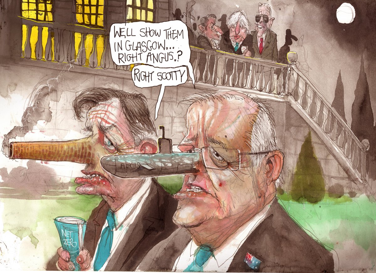 sQomo and Angus Taylor with a giant chimney stack and a submarine where their noses should be