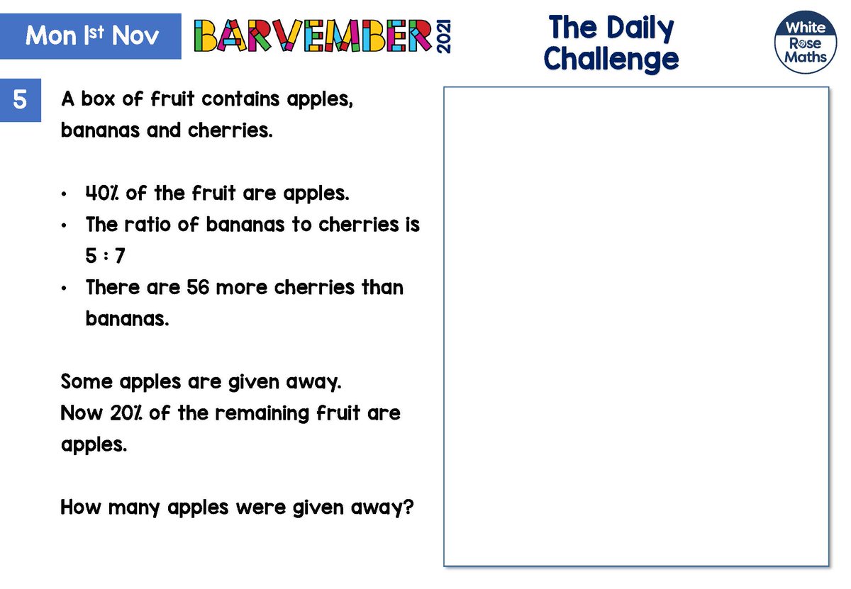 WhiteRoseEd's tweet photo. Your first Challenge Question for #Barvember 2021 is here! 🎉

How many apples were given away? 🍎🍏

Good luck, we're looking forward to seeing your solutions!

🔗 https://t.co/yPWaCxCGVW https://t.co/eVb2XUAKDo