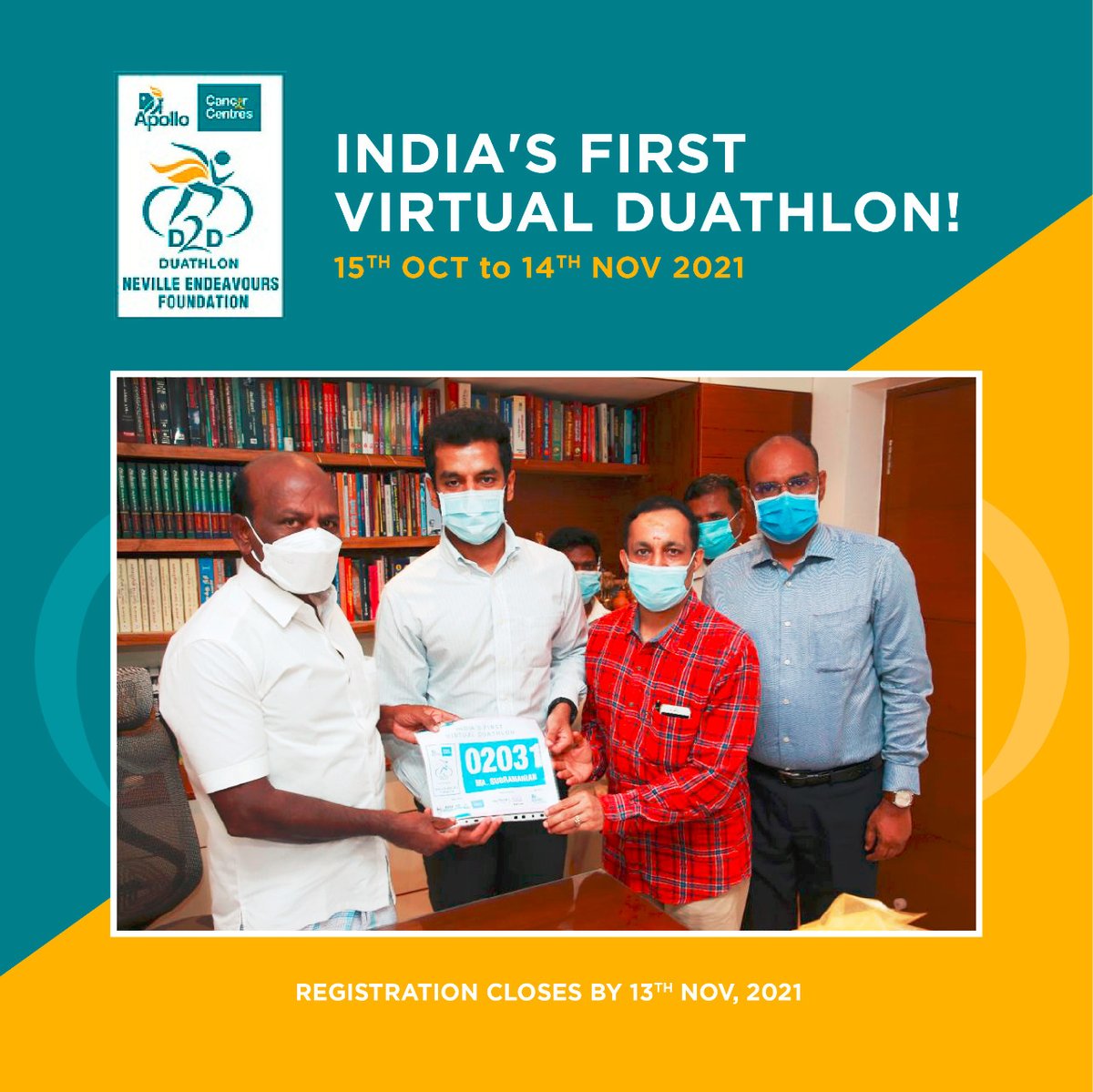 ApolloD2d's tweet photo. Thiru @Subramanian_ma, Minister for Health &amp; Family Welfare, Govt of Tamil Nadu received the bib number to participate in the ApolloD2D Duathlon from Mr. Harshad Reddy, Director-Operations, Apollo Cancer Centres &amp; Mr.@njbilimoria, Founder-Neville Endeavours Foundation. https://t.co/UAUL9XMlYy