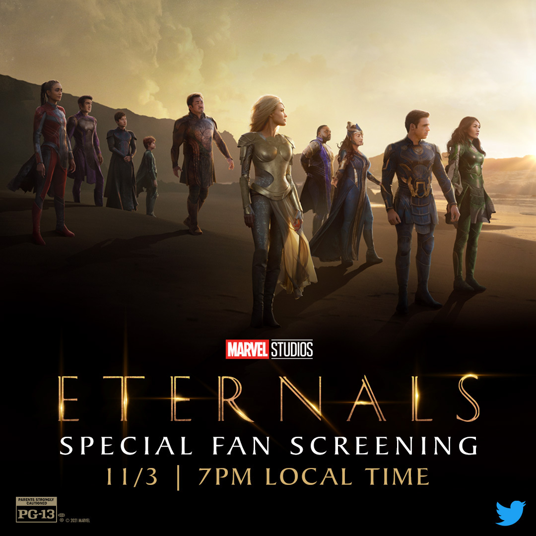 MarvelStudios's tweet photo. The Marvel Universe will never be the same 💫 Sign up now for a special early screening of #Eternals in 25 cities at 7p local time. First come, first serve. RSVP here and claim your seats for the movie: https://t.co/wSvPtINXty https://t.co/fRjFantYEo