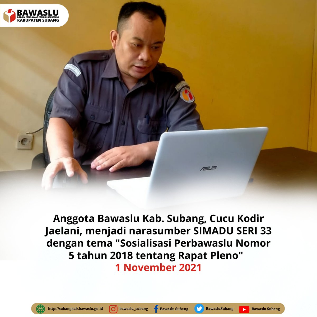 BawasluSubang's tweet photo. #sahabatbawaslu
Bawaslu Kabupaten Subang kembali mengadakan kegiatan Serial Peningkatan Kapasitas Individu (SIMADU) seri ke - 33 dengan tema Sosialisasi Perbawaslu Nomor 5 Tahun 2018 tentang Rapat Pleno.
#simadu
#bawaslusubang https://t.co/guAZgjLYWw