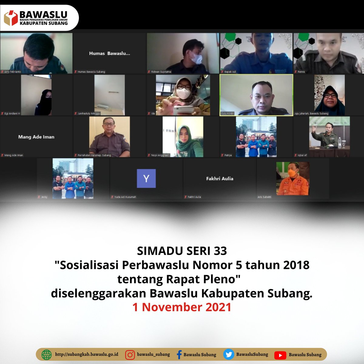 BawasluSubang's tweet photo. #sahabatbawaslu
Bawaslu Kabupaten Subang kembali mengadakan kegiatan Serial Peningkatan Kapasitas Individu (SIMADU) seri ke - 33 dengan tema Sosialisasi Perbawaslu Nomor 5 Tahun 2018 tentang Rapat Pleno.
#simadu
#bawaslusubang https://t.co/guAZgjLYWw