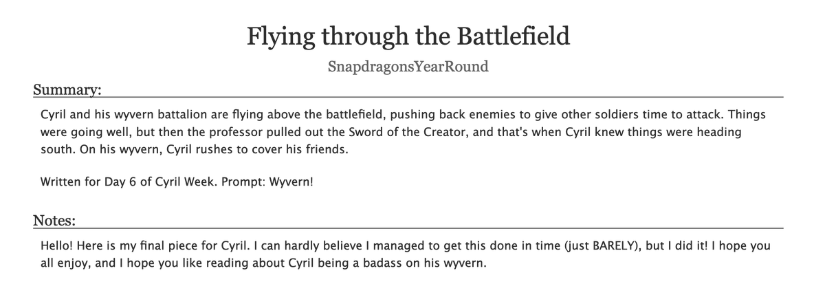 SnapdragonsR's tweet photo. AAAAH I DID IT! Just barely, but I finished my final fic for #CyrilWeek2021 ! For this fic, I picked the Wyvern prompt, and I really wanted to show what Cyril can do on the battlefield. I hope everyone had an amazing #CyrilWeek !
(link to fic below!) https://t.co/TB1Su6h6AL