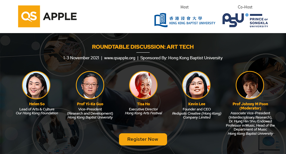 QSCorporate's tweet photo. Roundtable 1 at #QSAPPLE has commenced. Listen in as thought leaders from @hkbaptistu and @HKArtsFestival discuss #ArtTech: https://t.co/apeAMIvAax https://t.co/8v0HMDBjga