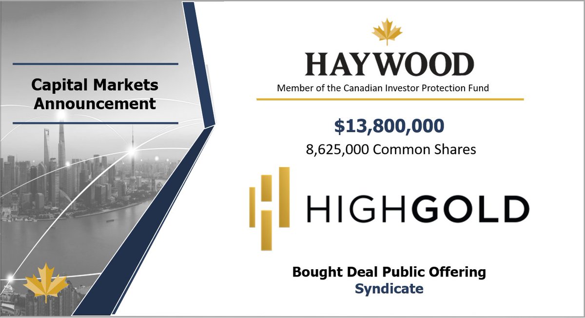 HaywoodSec's tweet photo. Haywood would like to congratulate @HighGoldMining
on the closing of its bought deal public offering.
#HighGold #Mining #Gold $HIGH https://t.co/y62fxTIkOV