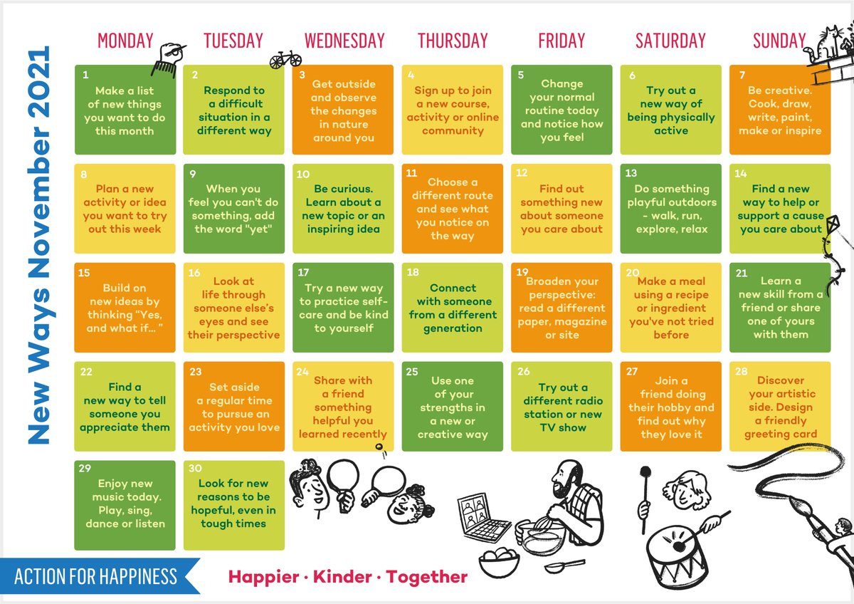 'Just try new things. Don’t be afraid, step out of your comfort zone and soar ' ~ Michelle Obama

❤️ @actionhappiness calendar (actionforhappiness.org/november) has some great ideas for ways to make changes to be #HappierKinderTogether in #NewWaysNovember Avail. in multiple languages❤️