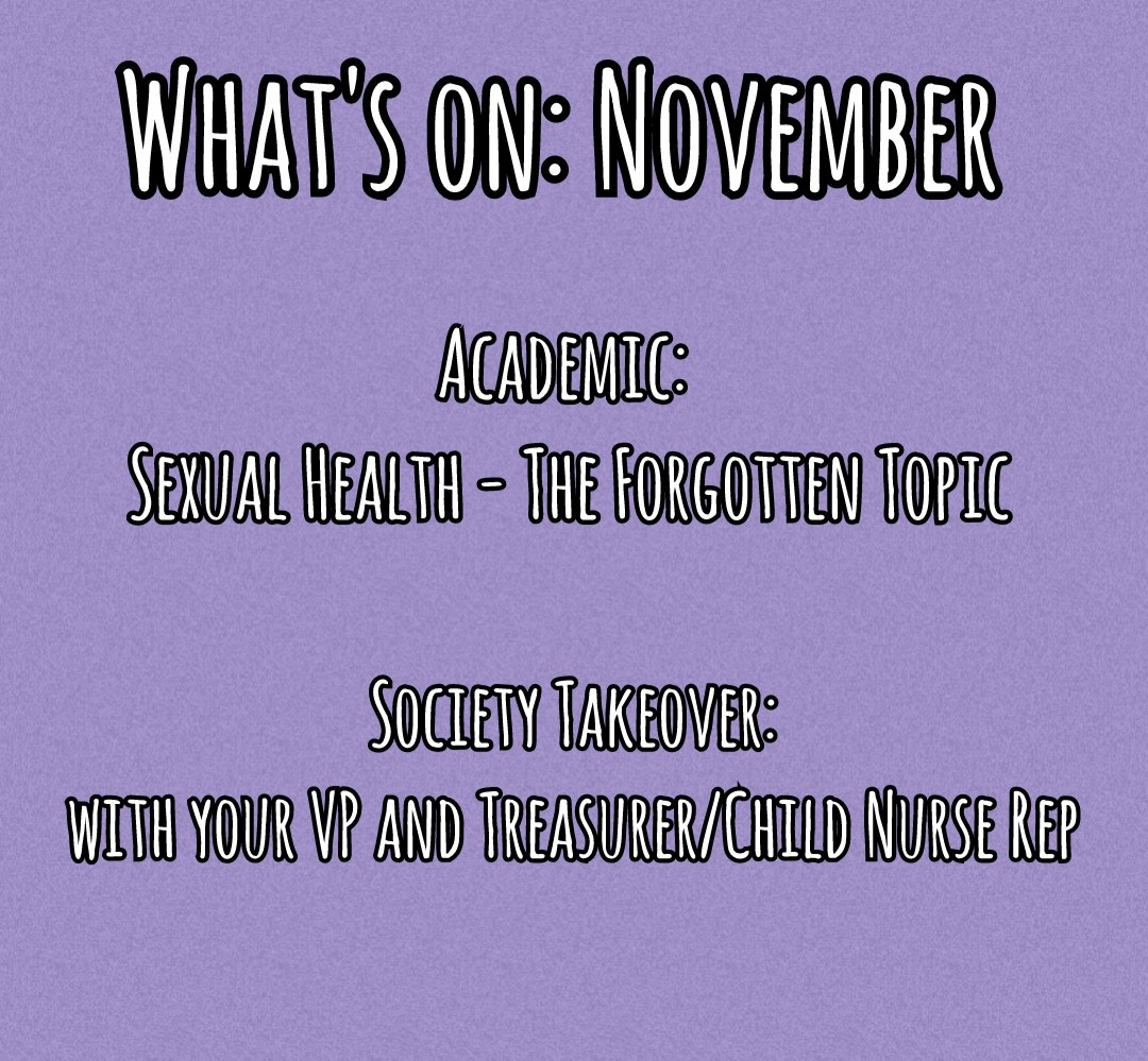 CCSU NurSoc (@ccsunursoc) on Twitter photo Good morning everyone! Its November 😳 two events going on
- Academic event: webinar on "Sexual Health... the forgotten topic!" By <a href="/NicolePollock01/">Nicole Pollock</a> on the 9th at 2pm
- Social event: "Society Takeover" on the 23rd (time and deats TBC by <a href="/StNRachael/">Rachael Lewis</a> and <a href="/Jessica61274058/">Jessica Bradley</a>) Good morning everyone! Its November 😳 two events going on
- Academic event: webinar on "Sexual Health... the forgotten topic!" By <a href="/NicolePollock01/">Nicole Pollock</a> on the 9th at 2pm
- Social event: "Society Takeover" on the 23rd (time and deats TBC by <a href="/StNRachael/">Rachael Lewis</a> and <a href="/Jessica61274058/">Jessica Bradley</a>)