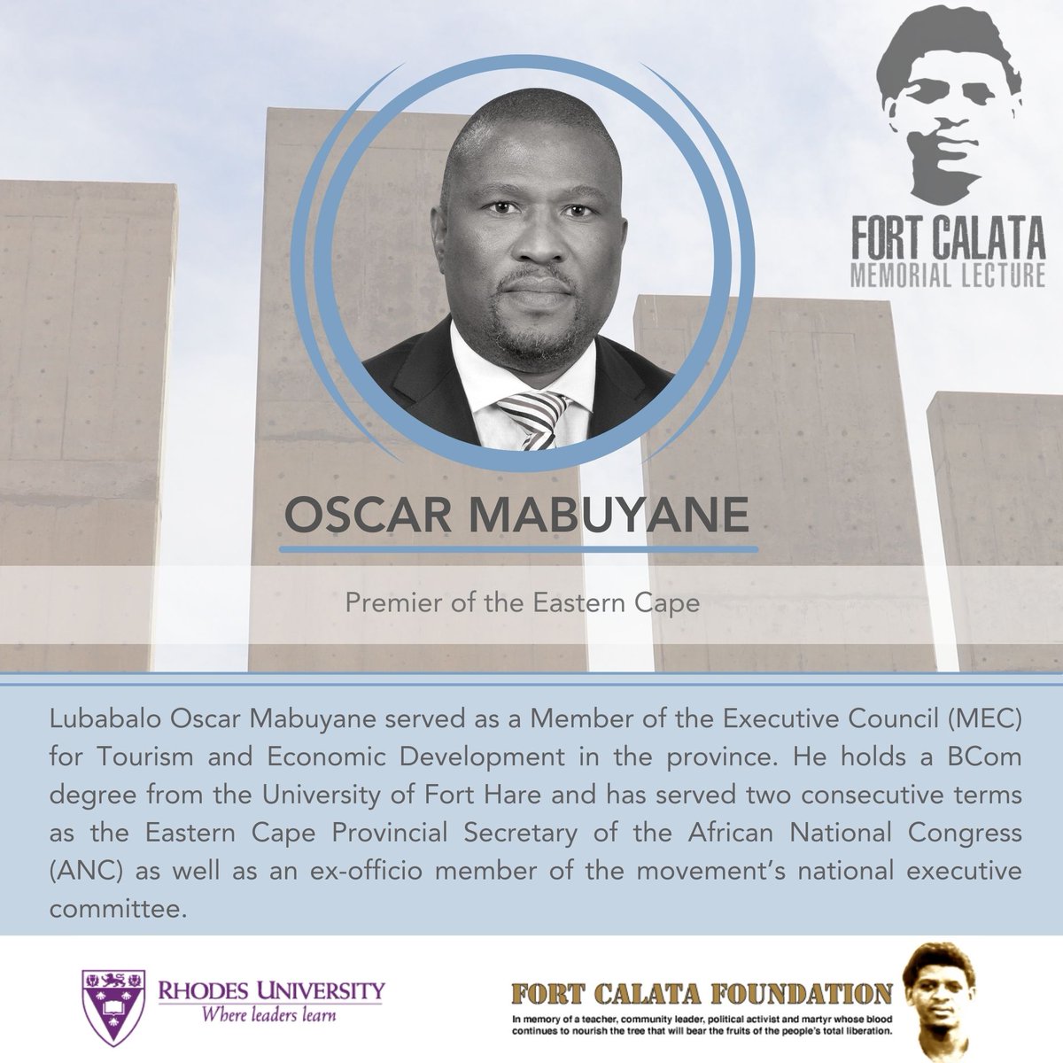 Rhodes_Uni's tweet photo. WATCH: Live stream of the inaugural Fort Calata Memorial Lecture on:
https://t.co/LG3j0UVDwr
https://t.co/d0EXtwxSux
Date: 5 November 2021
Time: 11:00-13:00
#FCML
#QuestforJustice https://t.co/xVW1Ua5syX