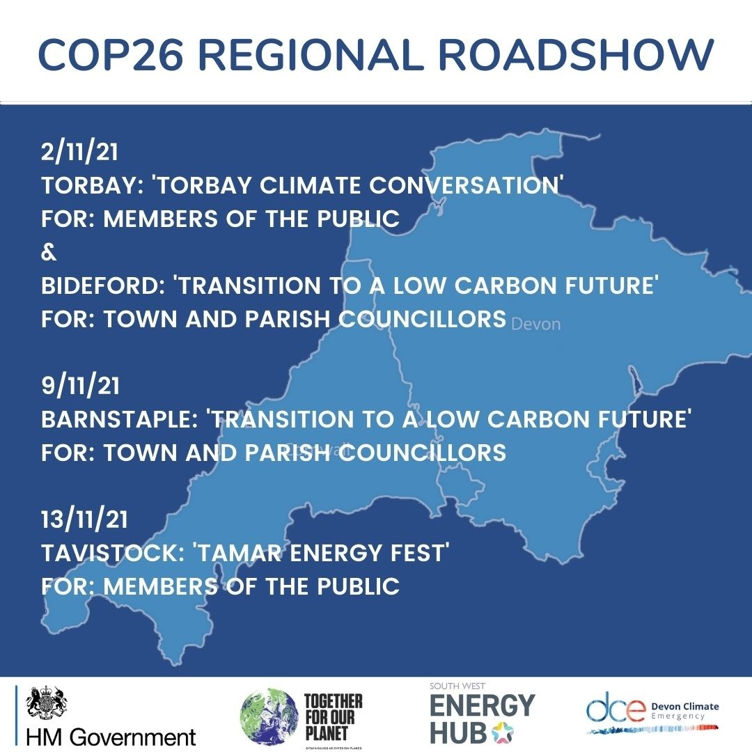 devonclimate's tweet photo. Devon's COP26 Regional Roadshow kicks off tomorrow!
There are public events throughout Devon and Cornwall during the COP26 fortnight. Why not go along to one near you?
For more information, head to the South West Energy Hub website!
https://t.co/WgZ1cGelEj
#togetherfordevon https://t.co/E8rkgq0j56