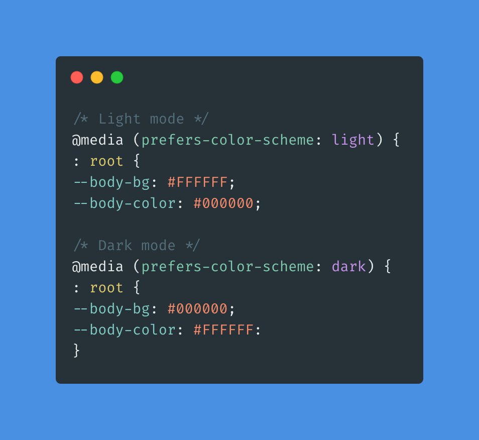 csaba_kissi's tweet photo. 💡 CSS Trick

You can use prefers-color-scheme media queries to switch between Dark and Light mode. https://t.co/6B8MrUEzVg