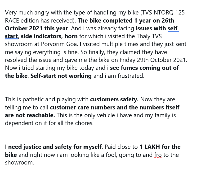 MandrekarAditya's tweet photo. @tvsmotorcompany @jagograhakjago @consumerforum_ 
@sidnaikunique @d_confusedsoul 
"Fumes and burning smell from my bike" https://t.co/LmXuExG8wq