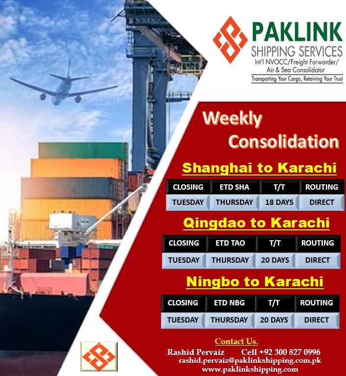 PaklinkShippin's tweet photo. We have weekly sailings from China to Pakistan for our consoles.
•Shanghai to Karachi
•Ningbo to Karachi
•Qingdao to Karachi
We offer fastest transit time and most competitive rates. Book your freight now
#shipping #logistics #airfreight #seafreight #consolidation #transport https://t.co/me8Ya7gzf3