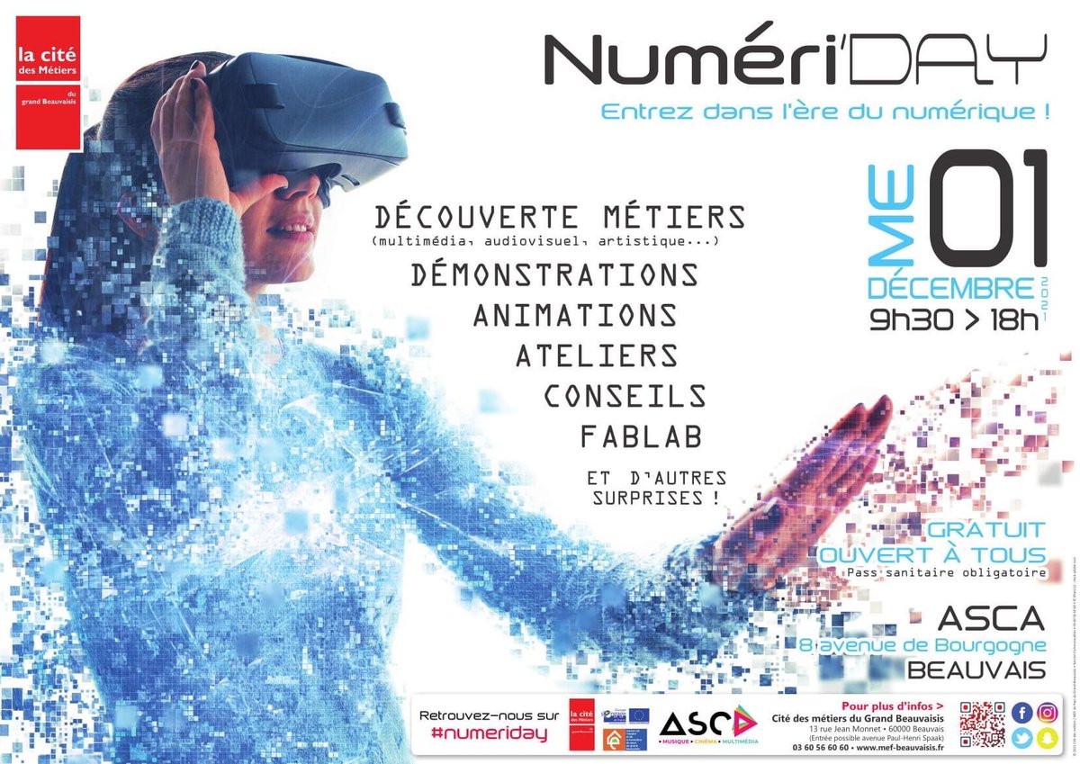 cedricmartin60's tweet photo. #numeriday 
Rendez-vous le 1er décembre à l’@AscaBeauvais  pour une journée de découverte des métiers du numérique (multimédia, audiovisuel artistique...), des démonstrations, animations, ateliers, conseils et #fablab
#Beauvais #numerique https://t.co/PyDCAbW6bN