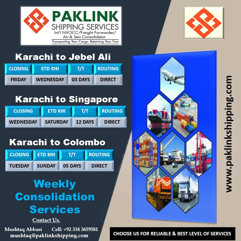 PaklinkShippin's tweet photo. We have sailing every week for our consoles.
• Karachi to Singapore
• Karachi to Colombo
• Karachi to Jebel Ali
We offer fastest transit time and most competitive rates. Book your freight now.
#shipping #logistics #freightforwarding #airfreight #seafreight #consolidation https://t.co/6yN62nTgGw