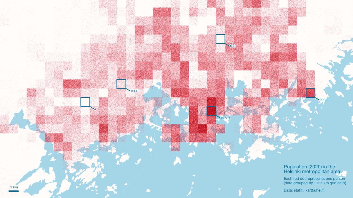 Digitalgeographylab 30daymapchallenge 21 Day 1 1 Dot 1 Person Creative Shading For Population Data Using The Qgis Geometry Generators Opendata Helsinkiuni Kumpulascience Geohelsinkiuni Map By Chrxf Using Opendata From