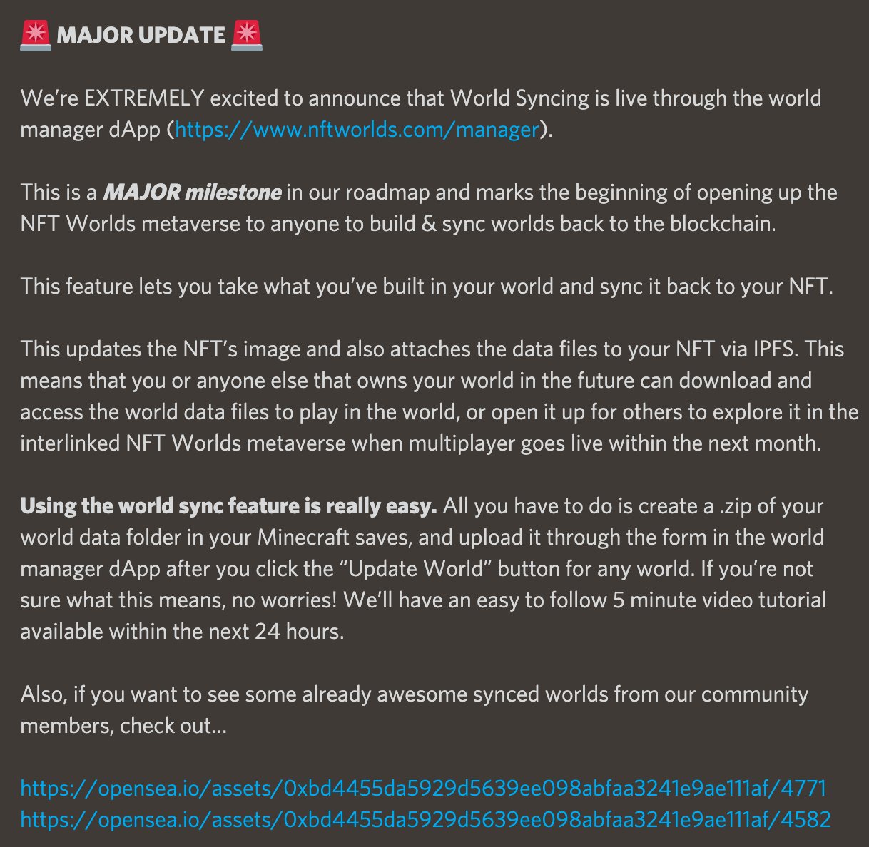 Nft Worlds Major Announcement We Just Posted The Following Major Announcement To Our Discord Regarding World Sync Being Released And What S Next On Our Roadmap We Re In Unprecedented