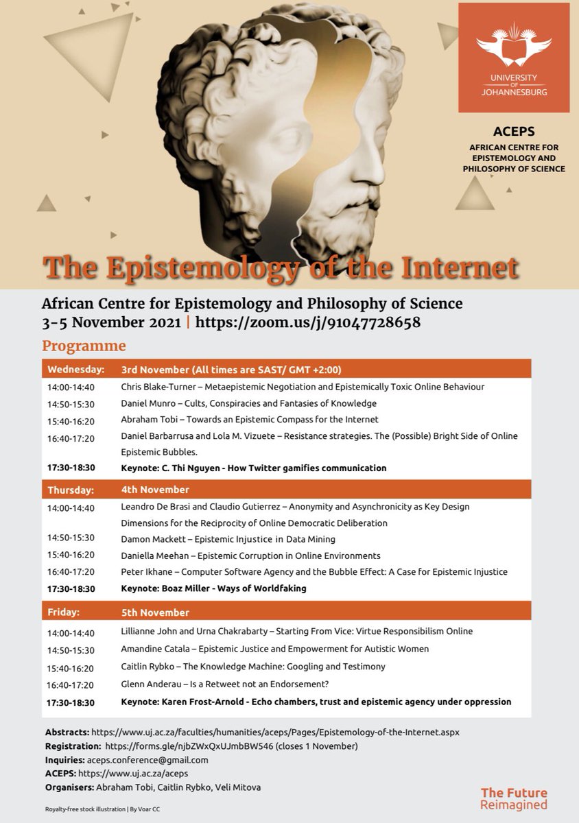 UJPhilosophy's tweet photo. Join us for our Epistemology of the Internet Online Workshop: https://t.co/aFt6g1tM7M

3-5 November 2021

Abstracts: https://t.co/UtryXe2ans
Free Registration:  https://t.co/oi9mS2n3uk (closes today) https://t.co/xjtGpPm6GI