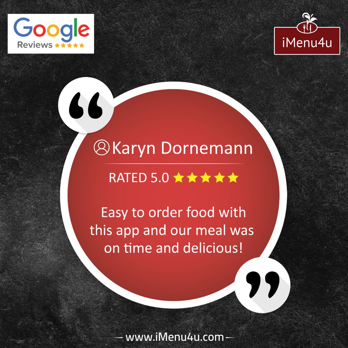 iMenu4u's tweet photo. Thanks For Reviewing Us.
Karyn Dornemann
RATED 5.0
Easy to order food with this app and our meal was on time and delicious!
.
.
.
#Imenu4u #appreview #googlereview #googlerating #customerrating #customerfeedback #customerreview #foodlovers #foodorders #foodblogger #onlineorders https://t.co/sRjEUAbMgv