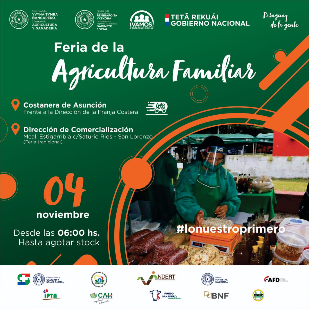 GabSocialPy's tweet photo. Gran variedad de productos nacionales estarán a tu alcance en la Feria de Productos de la Agricultura Familiar del @magparaguay, este jueves 4 de noviembre.

Productores y productoras de varios de puntos del país ofrecerán sus productos en estos lugares, hasta agotar stock. https://t.co/kLuWF7nrWh