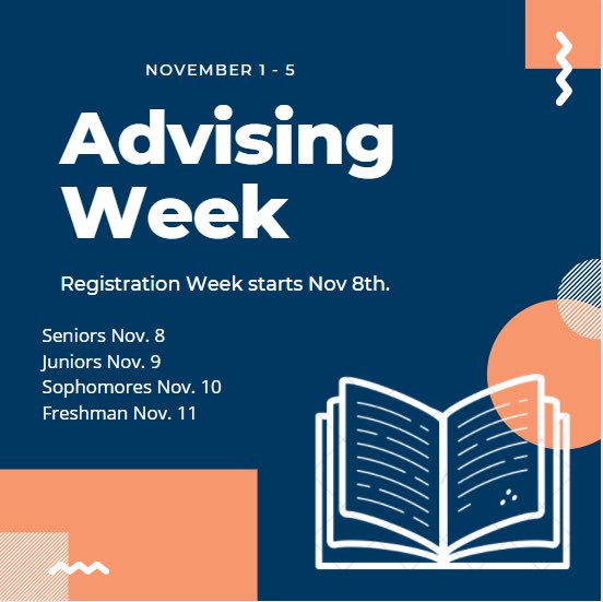 PCAcadSuccess's tweet image. Today is the first day of advising week. Make sure you schedule an advising appointment with your assigned advisor so that you can register for spring classes next week. You cannot register for classes until you’ve met with your advisor and they clear you. 

#AcademicSucccess