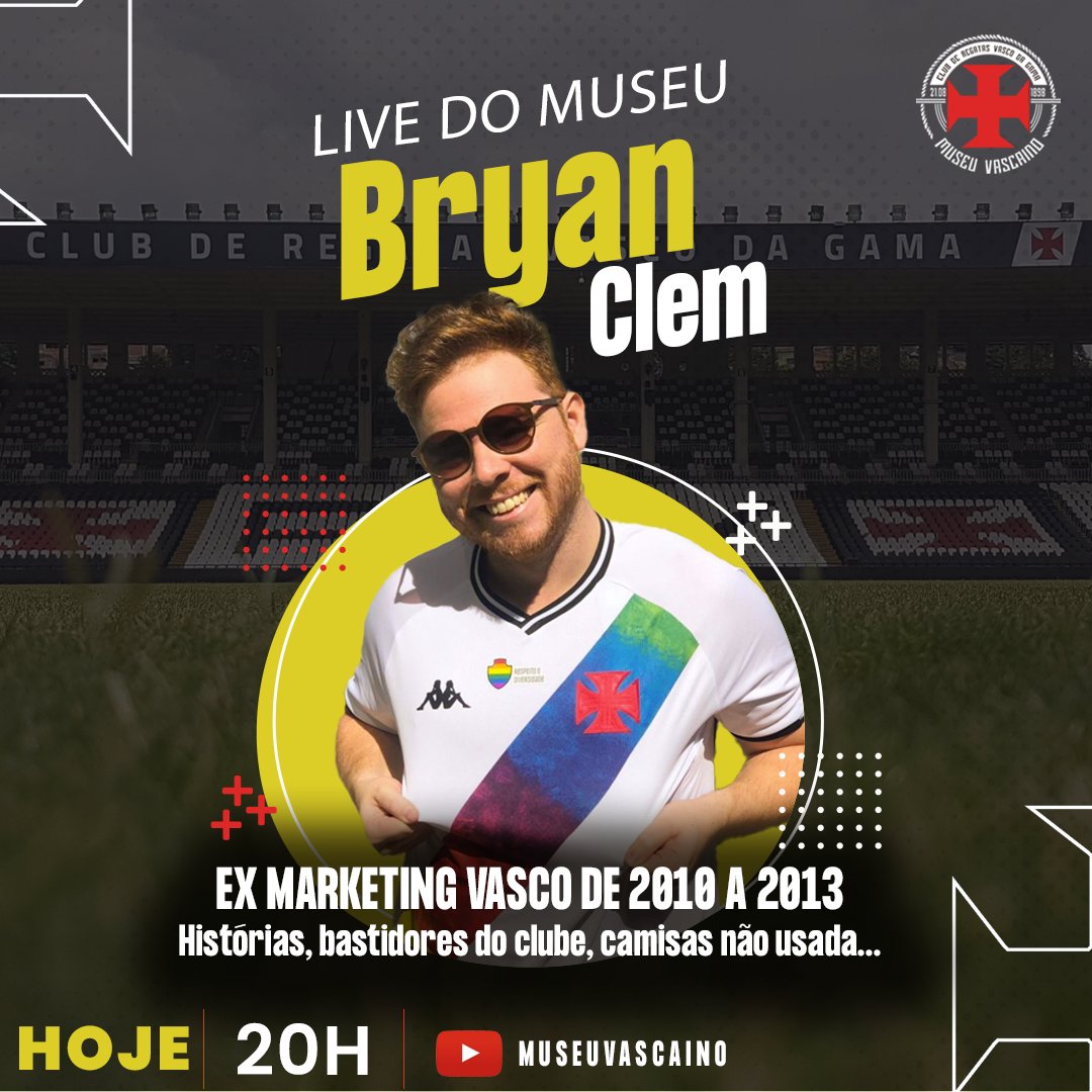 MuseuVascaino's tweet photo. Hoje é dia de #LiveDoMuse com a participação do amigo @bryanclemrj, que foi do marketing do @VascodaGama entre 2010 e 2013 e vai trazer muita história bacana, mostrando algumas camisas que nunca foram utilizadas, as famosas camisas protótipo. É hoje, às 20h lá no canal... https://t.co/XaFpmw3Bh1
