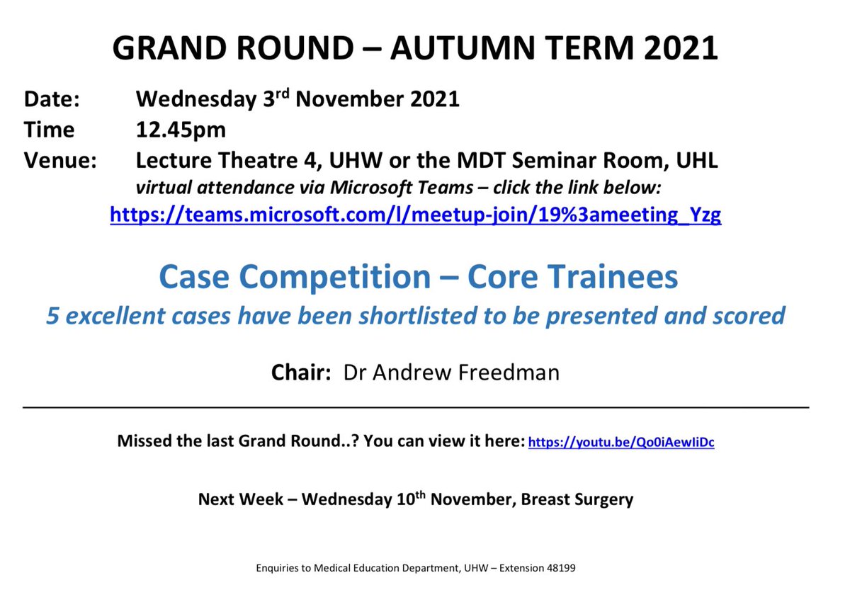 CavMedEd's tweet photo. We have another Core Trainee Case Competition this week to look forward to!

Don’t forget you can attend in person or virtually.

#GrandRound #CoreTrainees #CaseCompetition 
@CV_UHB @drstuartwalker https://t.co/4pTF9DN7ni