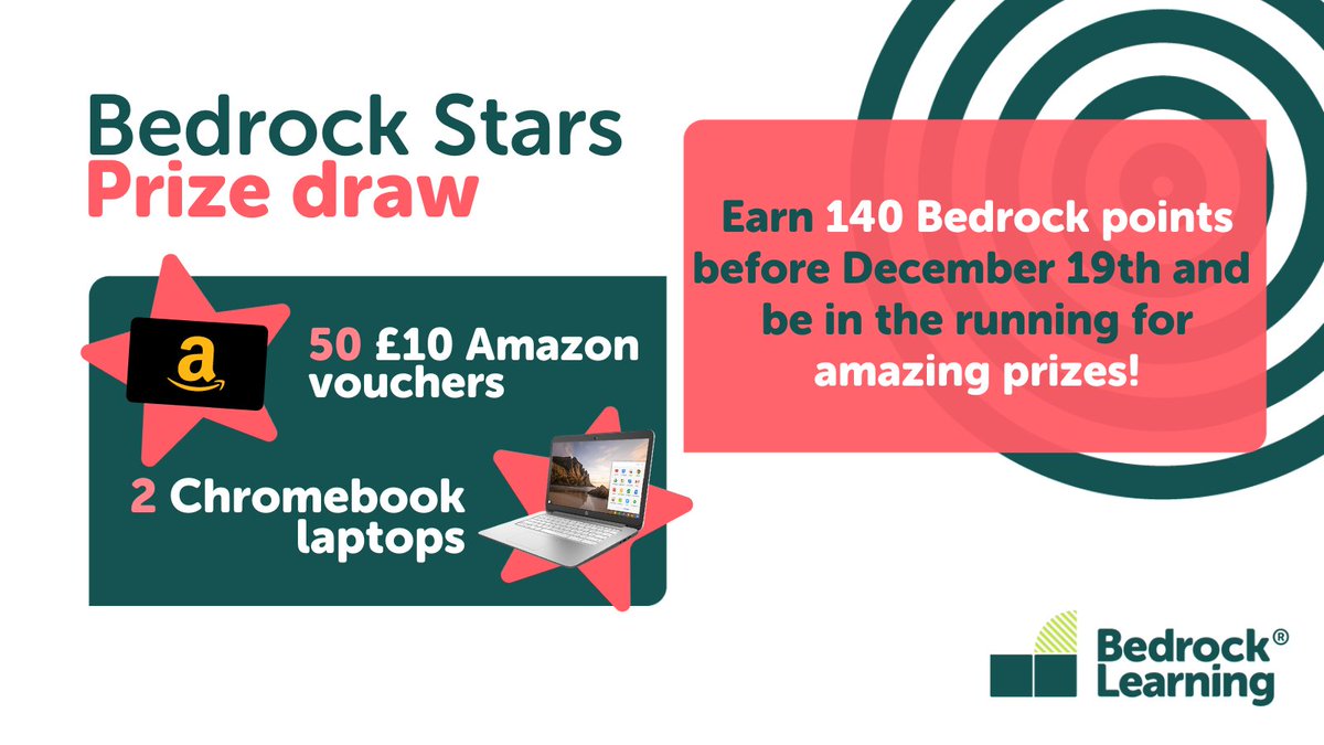 The Bedrock Stars Prize Draw is back with 52 amazing prizes to be won!🏆 #Students, earn 140+ points by December 19th to be eligible. #Teachers, enter your school by simply retweeting this post on your school's account. Full T&amp;Cs: bedrocklearning.org/bedrock-stars-… 
#EduTwitter #TeamEnglish