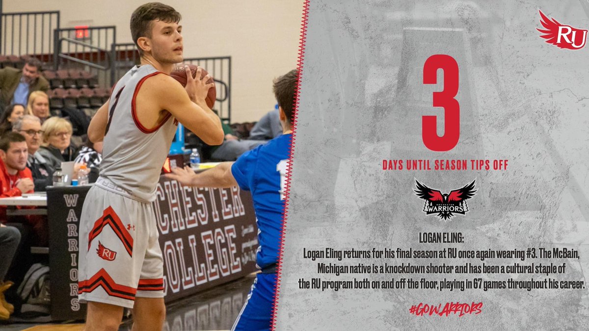 RCUWarriorsMBB's tweet image. 3 DAYS LEFT! Today, we highlight another current Warrior. Logan Eling returns for his final season wearing the #3 jersey. The McBain native is a knockdown shooter and has been a cultural staple of the RU program both on and off the floor, playing in 67 games throughout his career