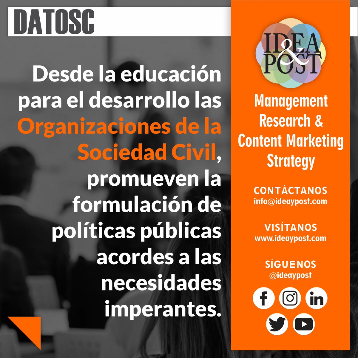 ideaypost's tweet image. Para las organizaciones de la sociedad civil es fundamental la promoción de políticas públicas acordes a las realidades presentes.

Síguenos en @ideaypost o visita nuestro #blog en ideaypost.com y conoce más #datosc el Tercer Sector.

#ideaypost #tercersector #ong #osc