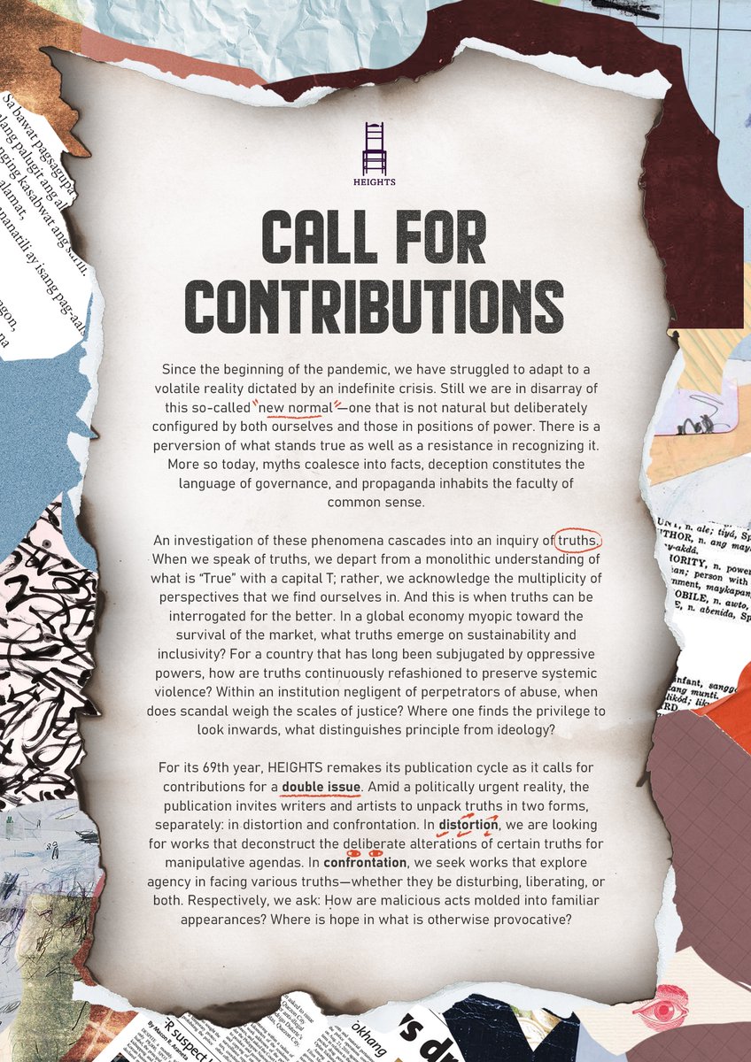 HEIGHTSAteneo's tweet photo. How do we confront the truths that surround us?
Amid a politically urgent reality, HEIGHTS invites writers and artists to unpack truths in two forms, separately: Distortion and Confrontation.
Read more: https://t.co/5zuuGEyU7m
#SubmitToHeights
Poster by Anya Nellas https://t.co/99rcqlOc3z