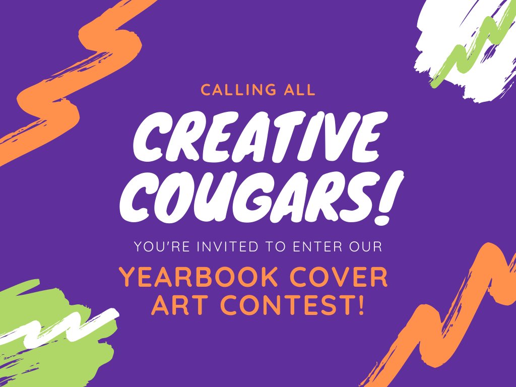 CochranePTA's tweet photo. CALLING ALL CREATIVE COUGARS! ✏️ 🎨 🖌 

We are looking for artwork for our YEARBOOK COVER!

If you would like to have YOUR artwork on this year's yearbook download the guidelines below.

Submissions are due by November 23rd.

https://t.co/0mjR6sQwti https://t.co/t470G59idF