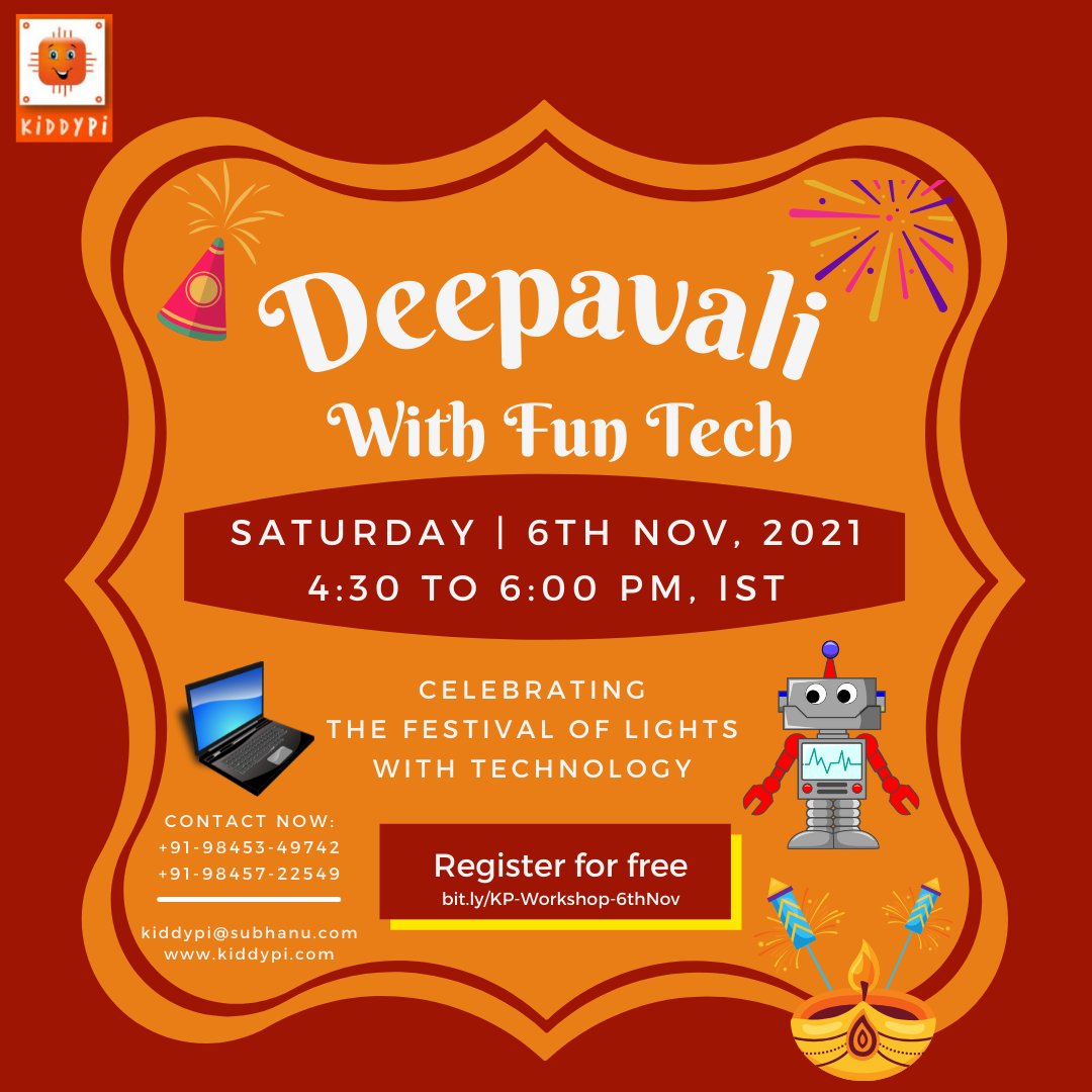 kiddypi1's tweet photo. Deepavali with Fun Tech! 

Saturday | 6th Nov, 2021 ⏰
4:30 - 6:00 PM, IST

Register for free 🖱
https://t.co/jqO9OHrr7o

+91-98453-49742

#Diwali #diwali2021 #diwalispecial #fun #learning #stemeducation #coding #robotics #ScratchProgramming #technology #kidsactivity #kiddypi https://t.co/coaKffo94j